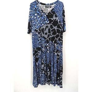 Attitudes by Renee Dress Blue Animal‎ Print Short Sleeve Midi Women 1X Petite